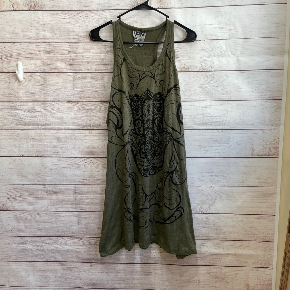 SURE BOHO SLEEVELESS GRAPHIC DRESS IN GREEN‎